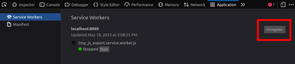 Firefox의 DevTools에서 서비스 워커 등록 취소