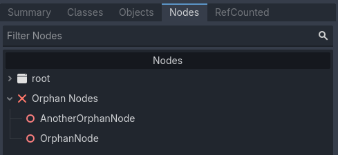 ObjectDB 프로파일러의 노드 트리 끝에 있는 고아 노드