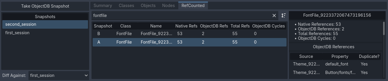 RefCounted 인스턴스를 보는 데 사용되는 RefCounted 탭