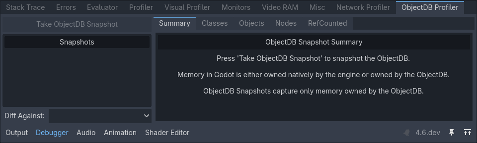 스냅샷이 생성되지 않은 ObjectDB 프로파일러 요약