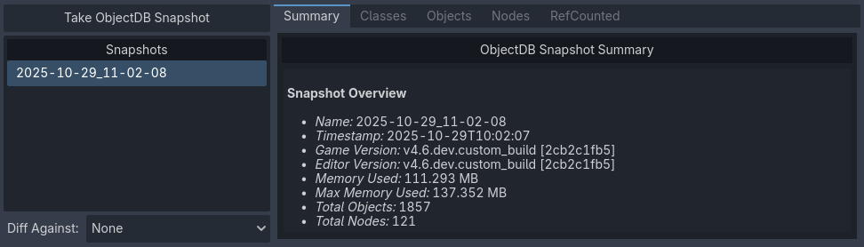 하나의 스냅샷이 생성된 ObjectDB 프로파일러 요약